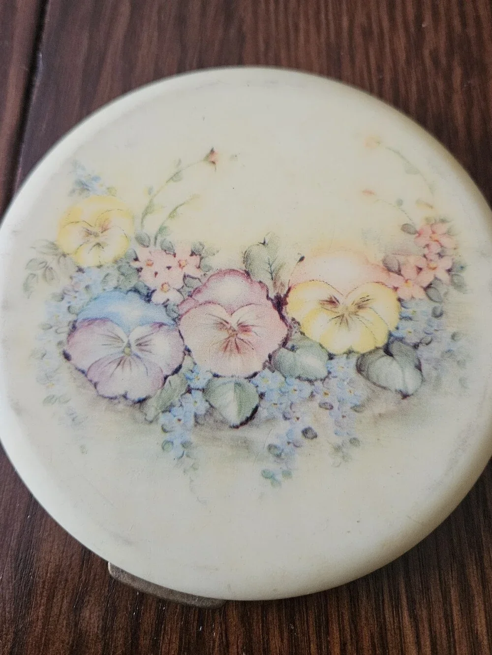 Rex Flapjack Powder Compact 1940s Pansies 4.5in Everlast Sifter Box